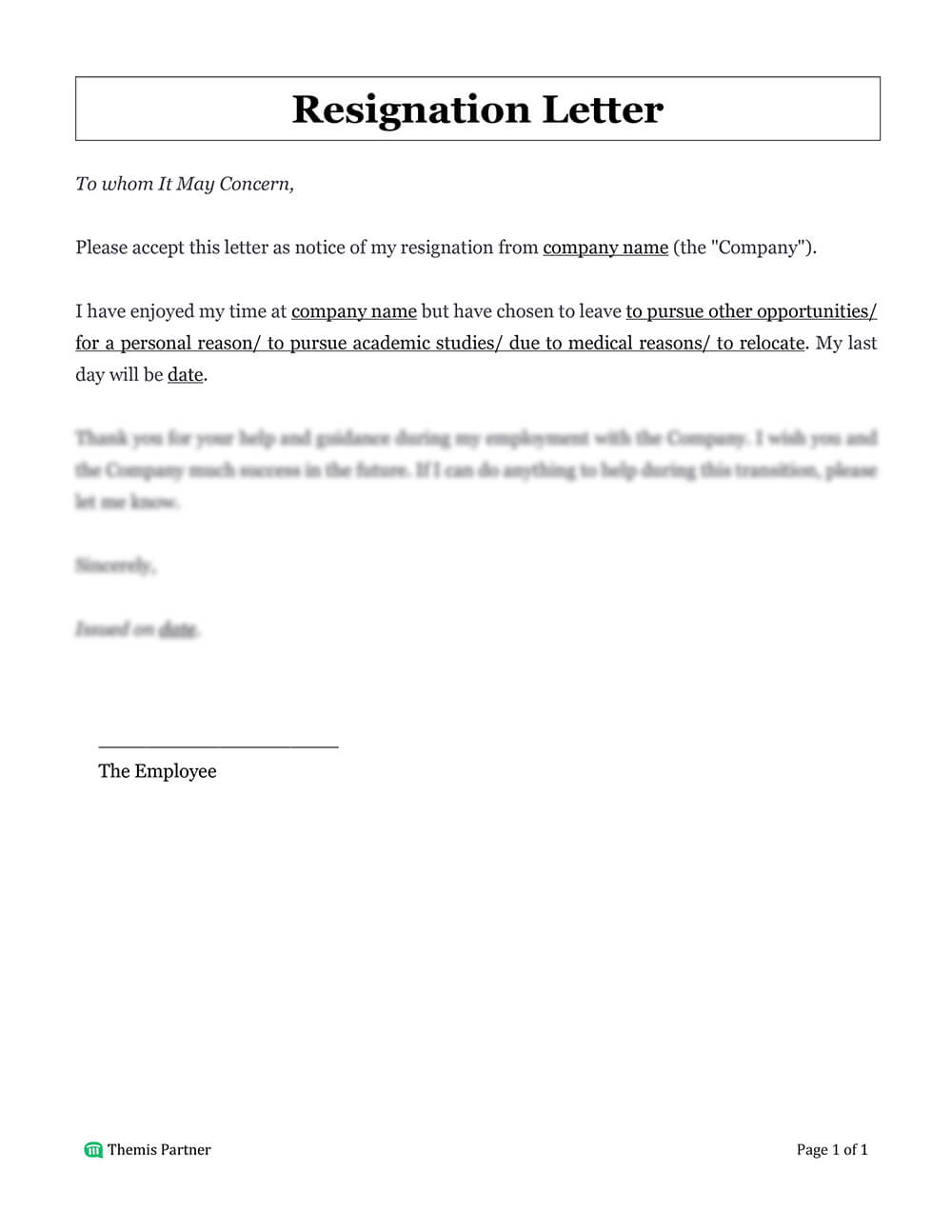 Employee resignation letter template
