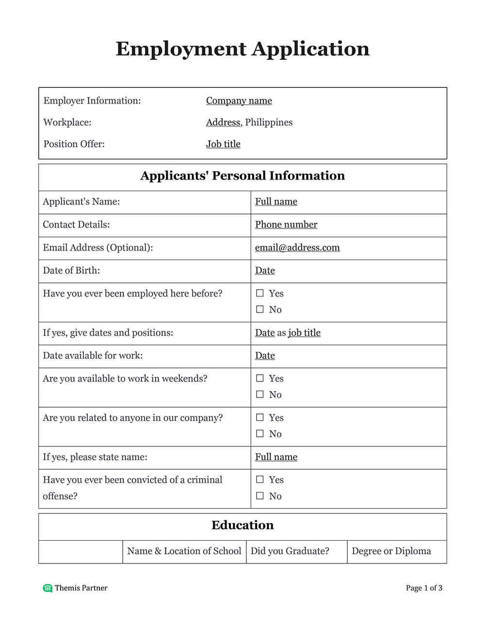 Employment application template