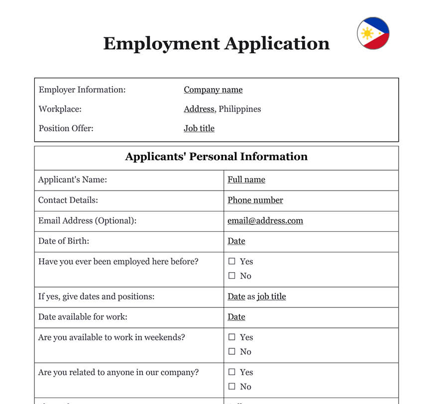 Employment application form Philippines