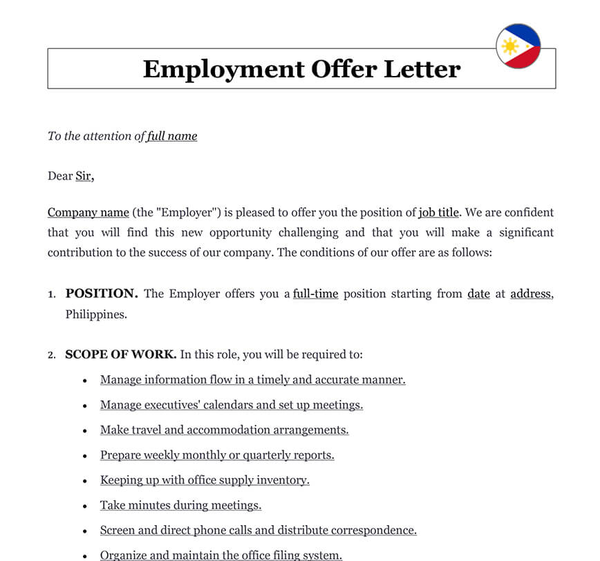 Employment offer letter Philippines