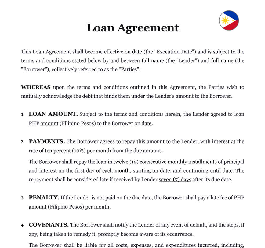 Loan Agreement in Philippines Download Word Template (.doc)